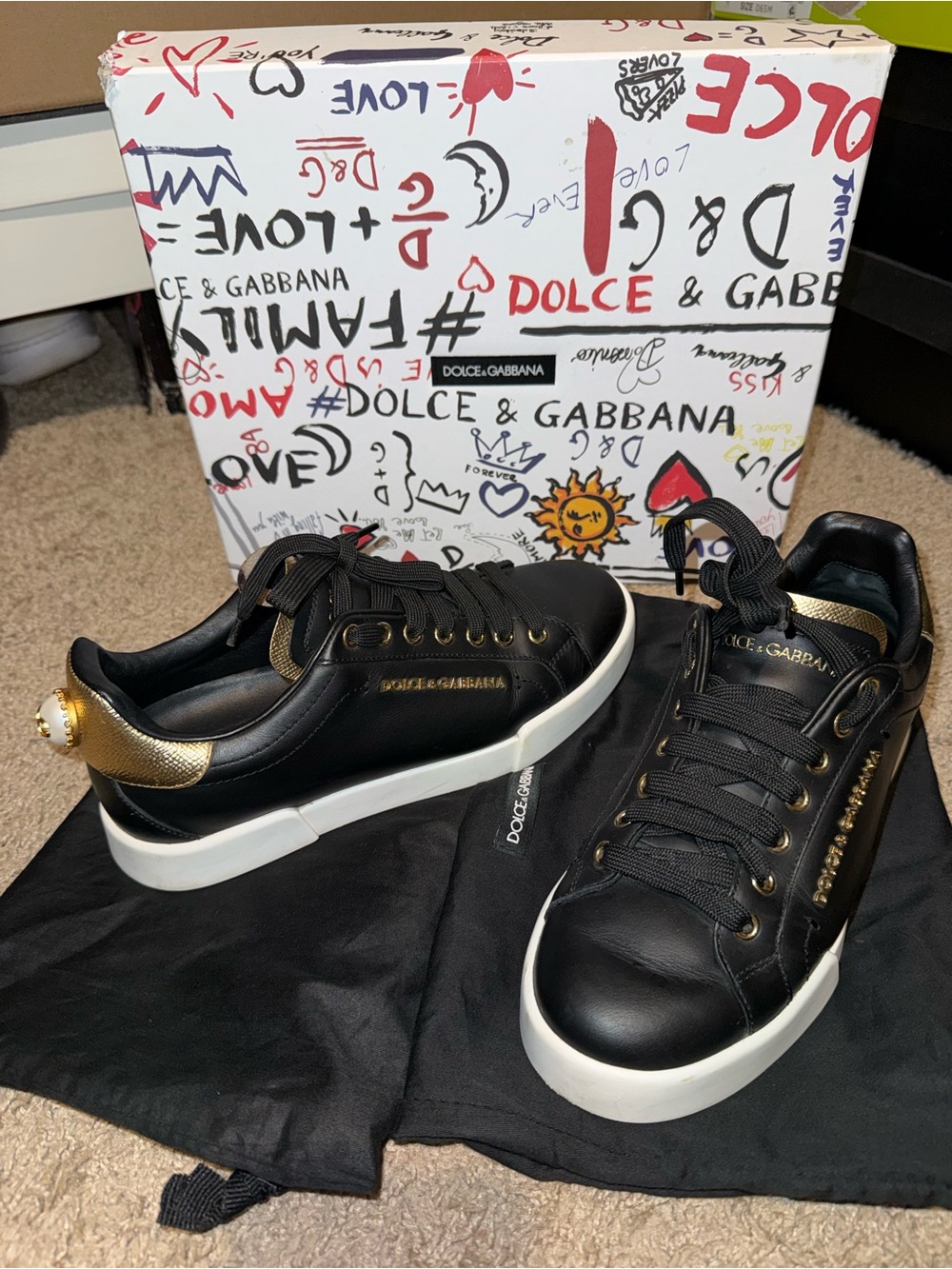 Dolce & Gabbana Black Leather Sneakers with Gold Accents